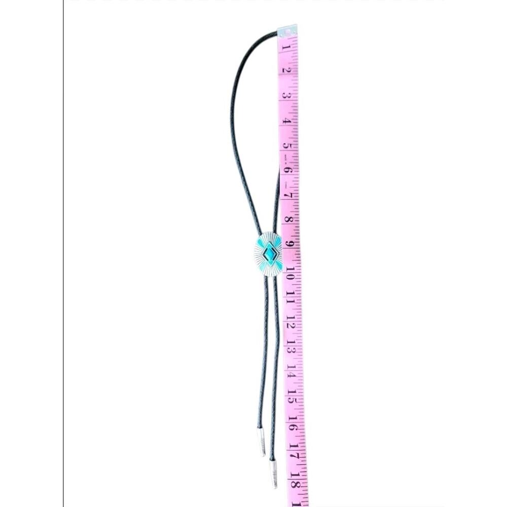 Western Bolo Tie Silver Tone Oval Slide Faux Turquoise Stone Look Black Braided - Picture 4 of 4